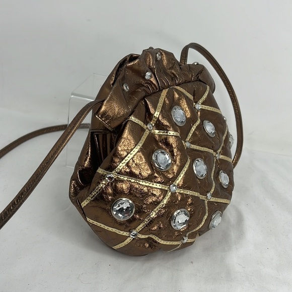 Vintage Bronze Soft Leather Crystal Studded Top Frame Shoulder Bag Crossbody - Picture 2 of 10